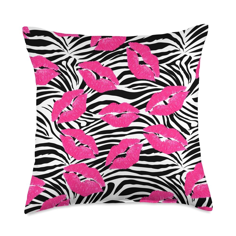 5217 McBling Aesthetic Hot Pink And Black Zebra Kiss Lips Print Throw
